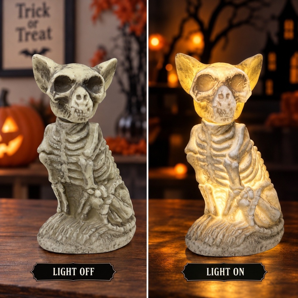 Halloween Light Up Cat Skeleton Blow Mold Spooky Tabletop Decor 12 in Creepy Pet